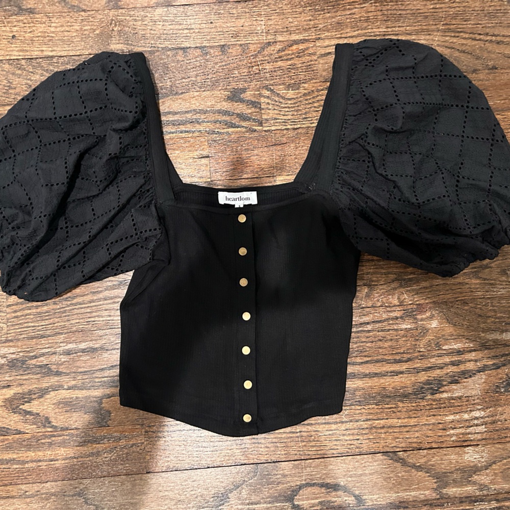 NWT Heartloom Black Puff Sleeve Top with Gold Buttons (size small)